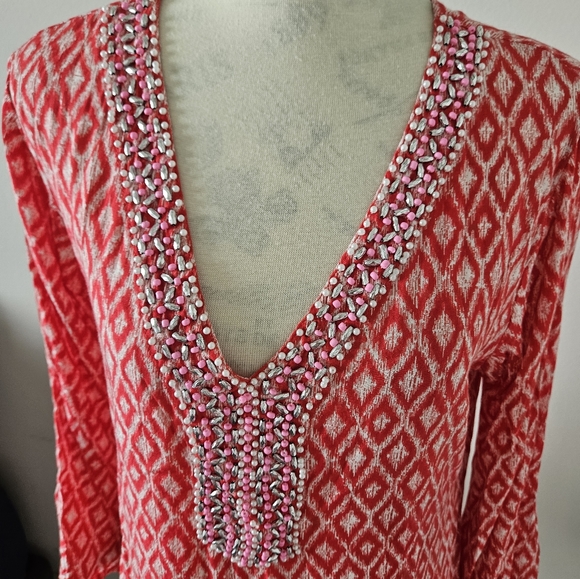 🏝Beach wear red cover up tunic beaded size small - Picture 5 of 5